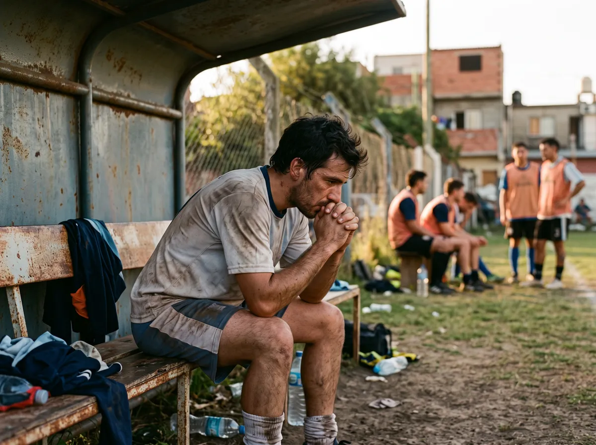 Jugador de fútbol amateur pensativo en el banco de suplentes