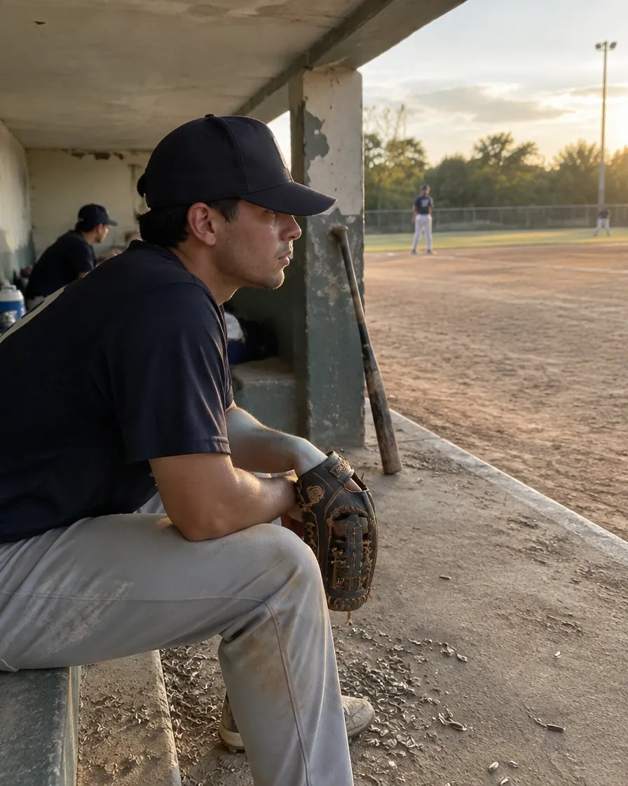 Jugador de béisbol pensativo en el dugout entre entradas