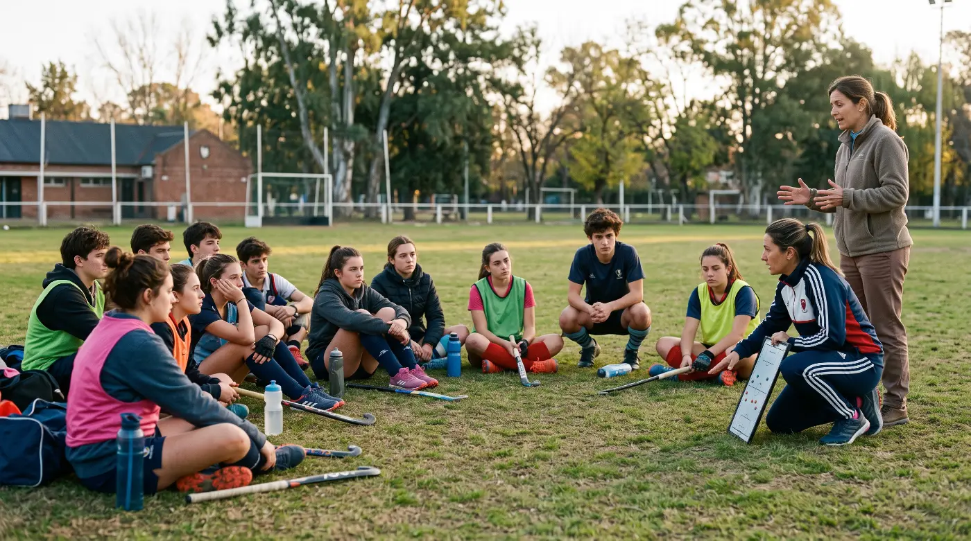 Entrenadora y psicóloga deportiva hablando con un equipo juvenil de hockey