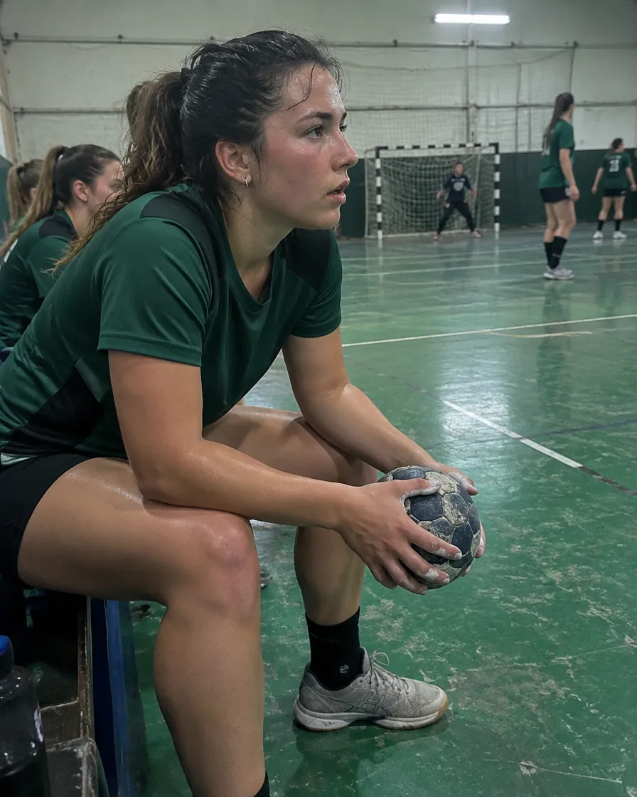Jugadora de handball concentrándose en el banco durante un descanso