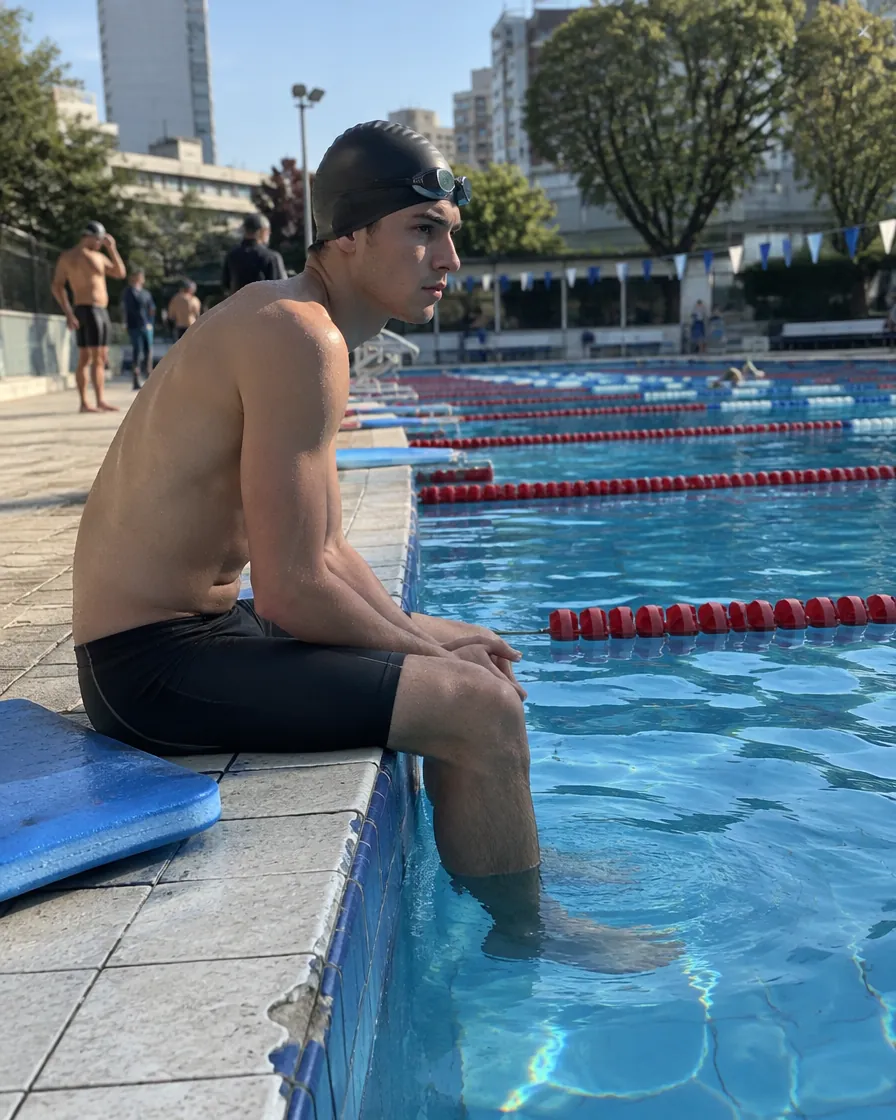 Nadador sentado al borde de la piscina antes de una carrera