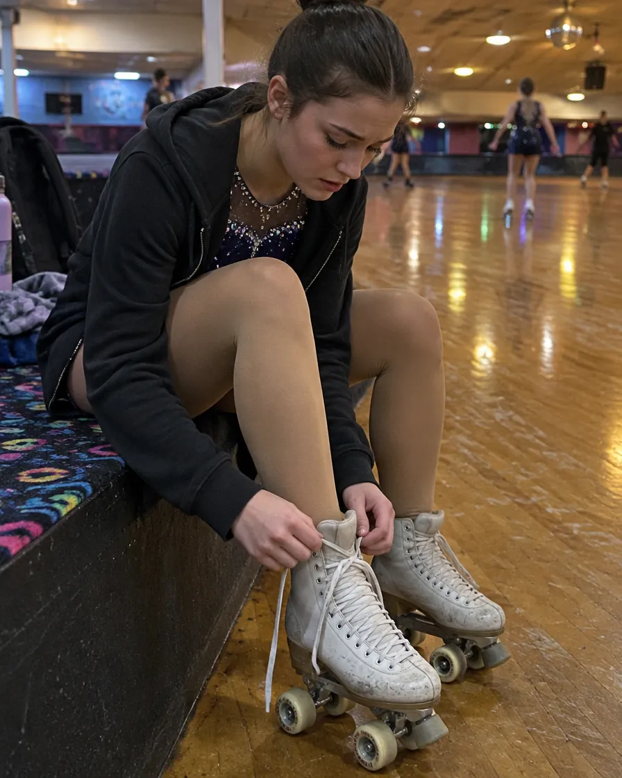 Patinadora artística ajustándose los patines antes de su programa
