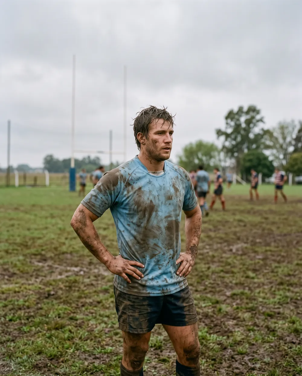 Jugador de rugby recuperando el aire entre fases de juego