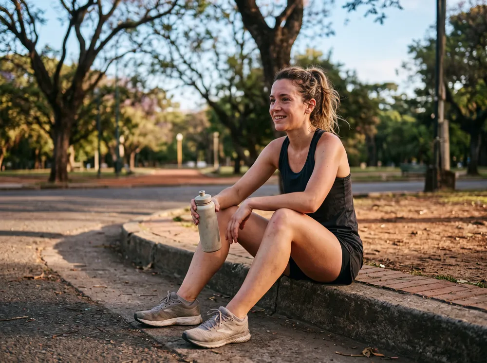 Corredora amateur sonriendo después de entrenar en un parque de Buenos Aires