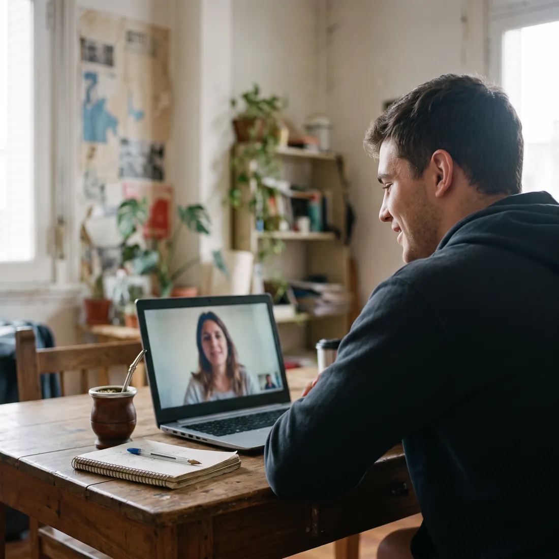 Deportista en una sesión online con su psicóloga deportiva desde su casa