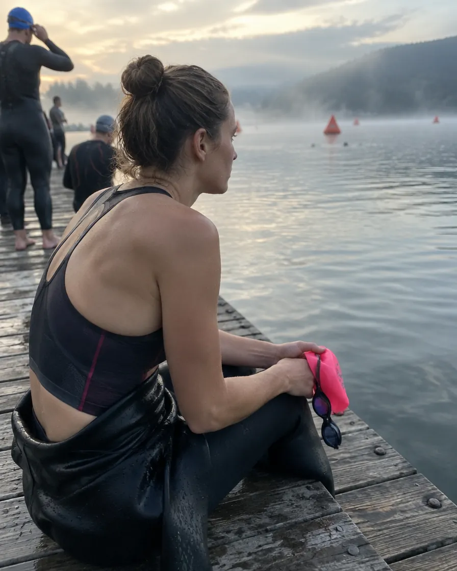 Triatleta mirando el agua antes de la largada